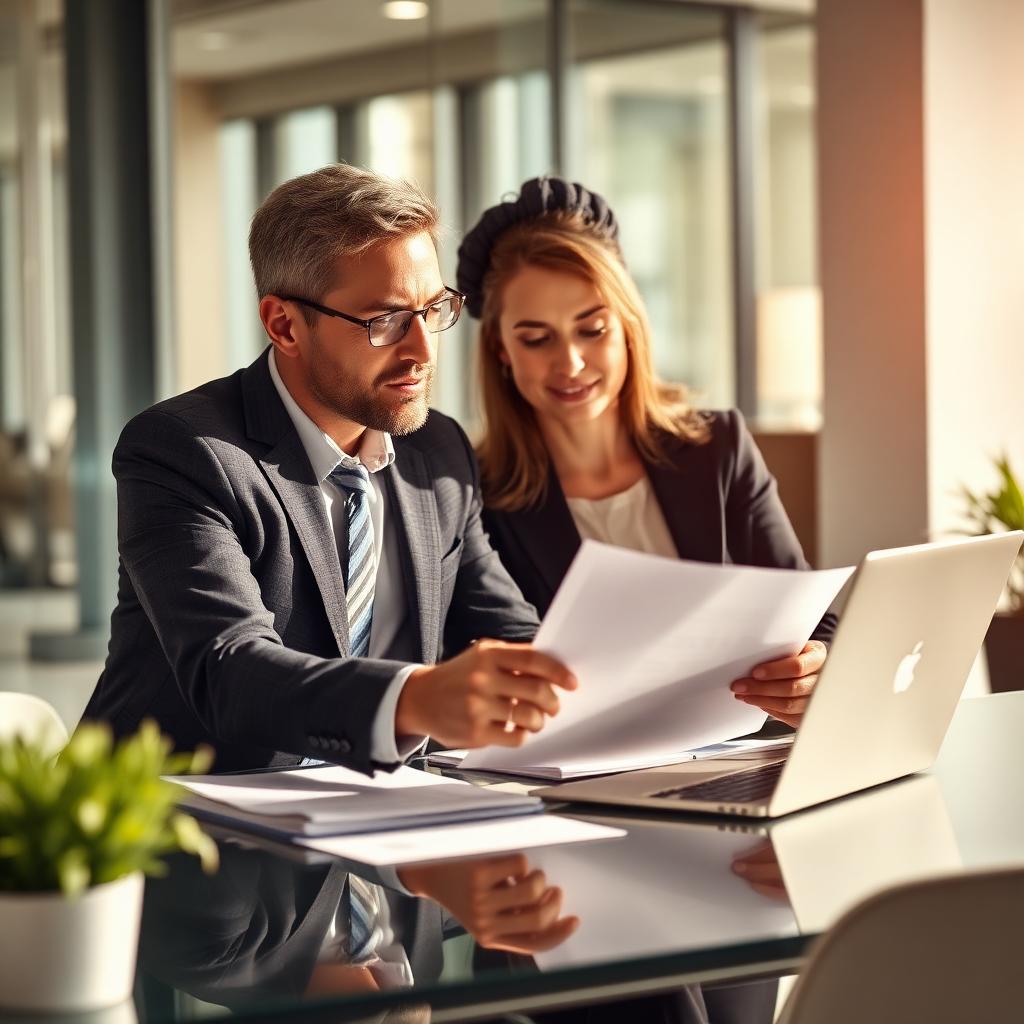 Two business partners reviewing protection plans together in a modern office
