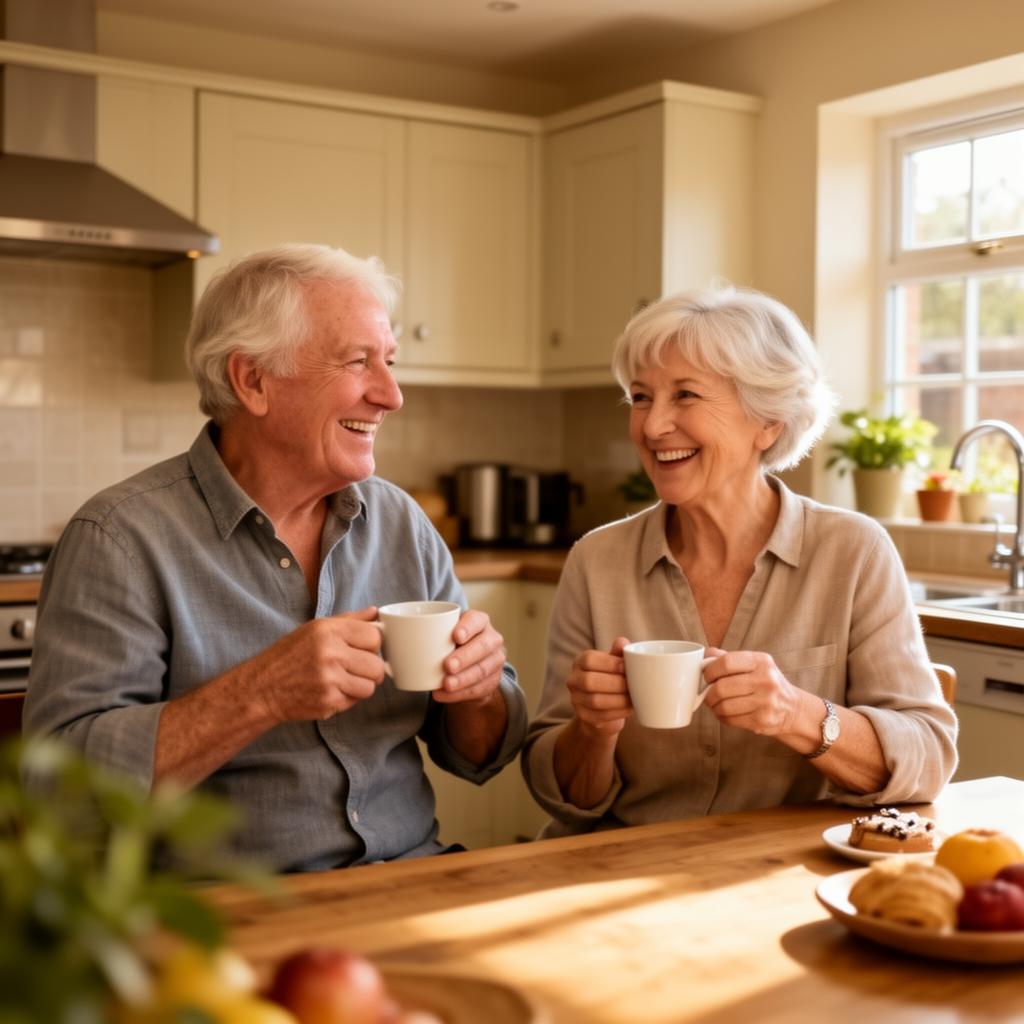 A retired couple enjoying coffee together at home