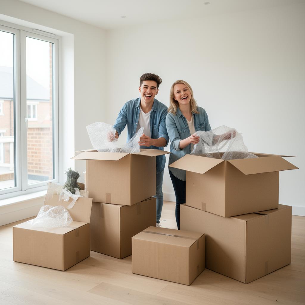 A first-time buyer couple unpacking boxes in their new home