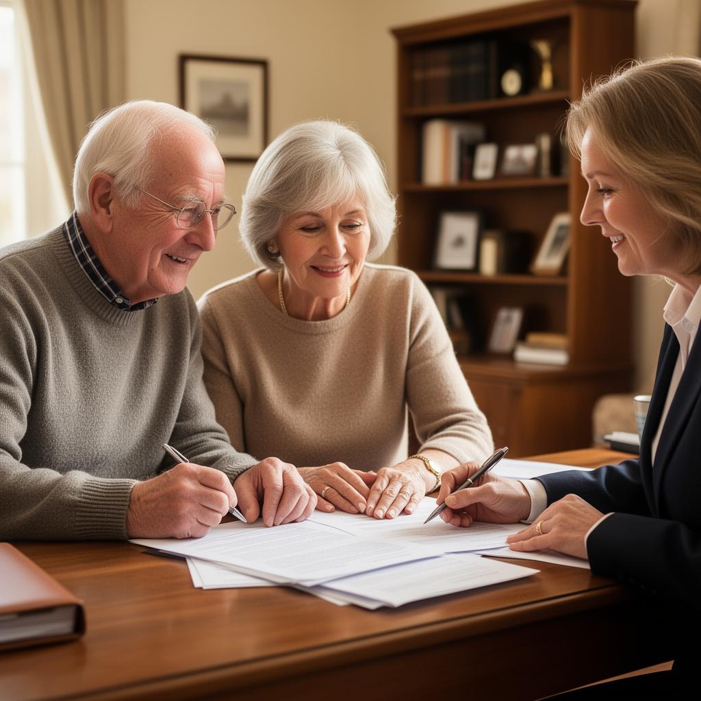 An older couple signing will and estate documents with an adviser